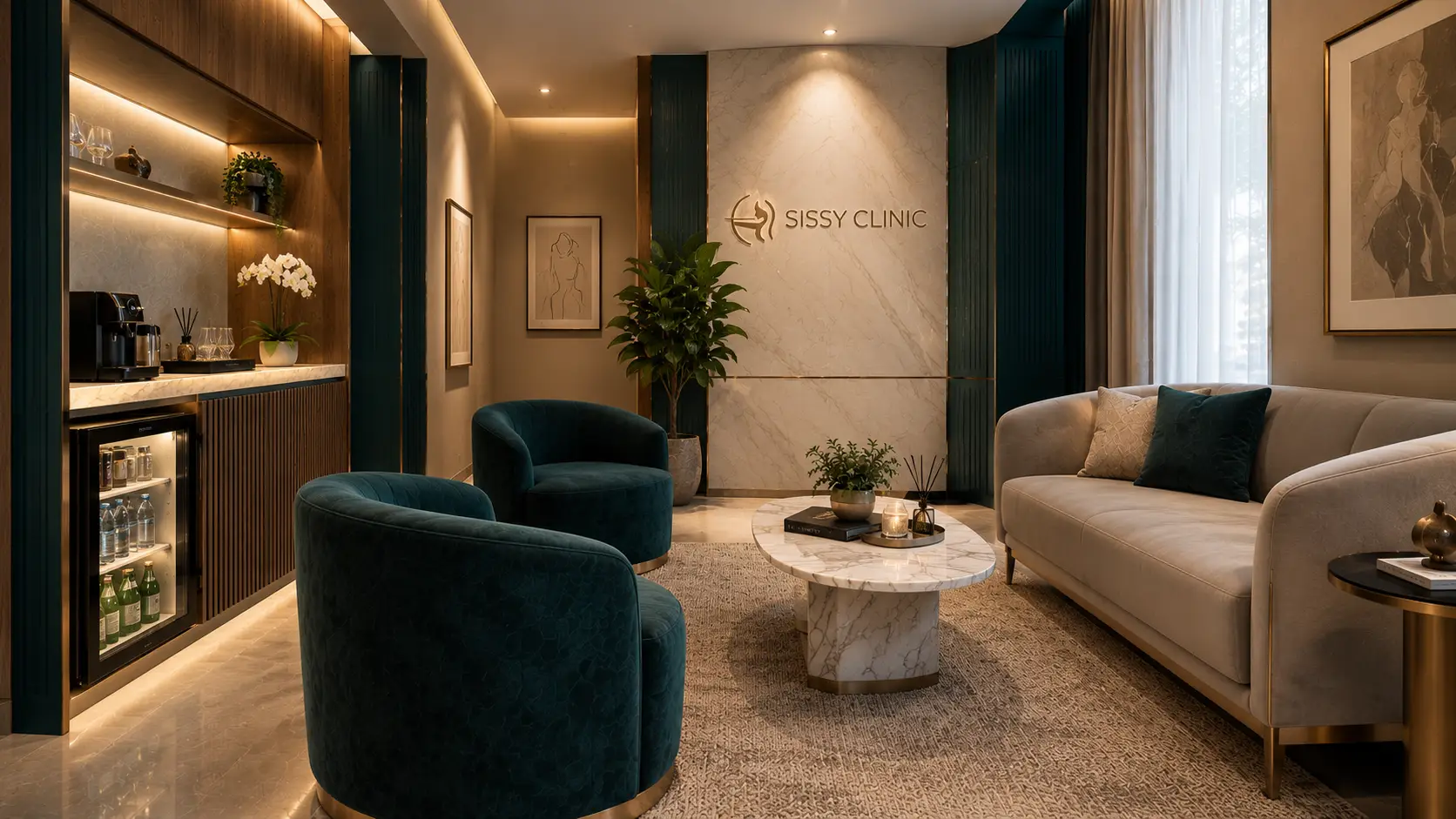 Sissy Clinic discreet private waiting lounge with bespoke refreshment bar